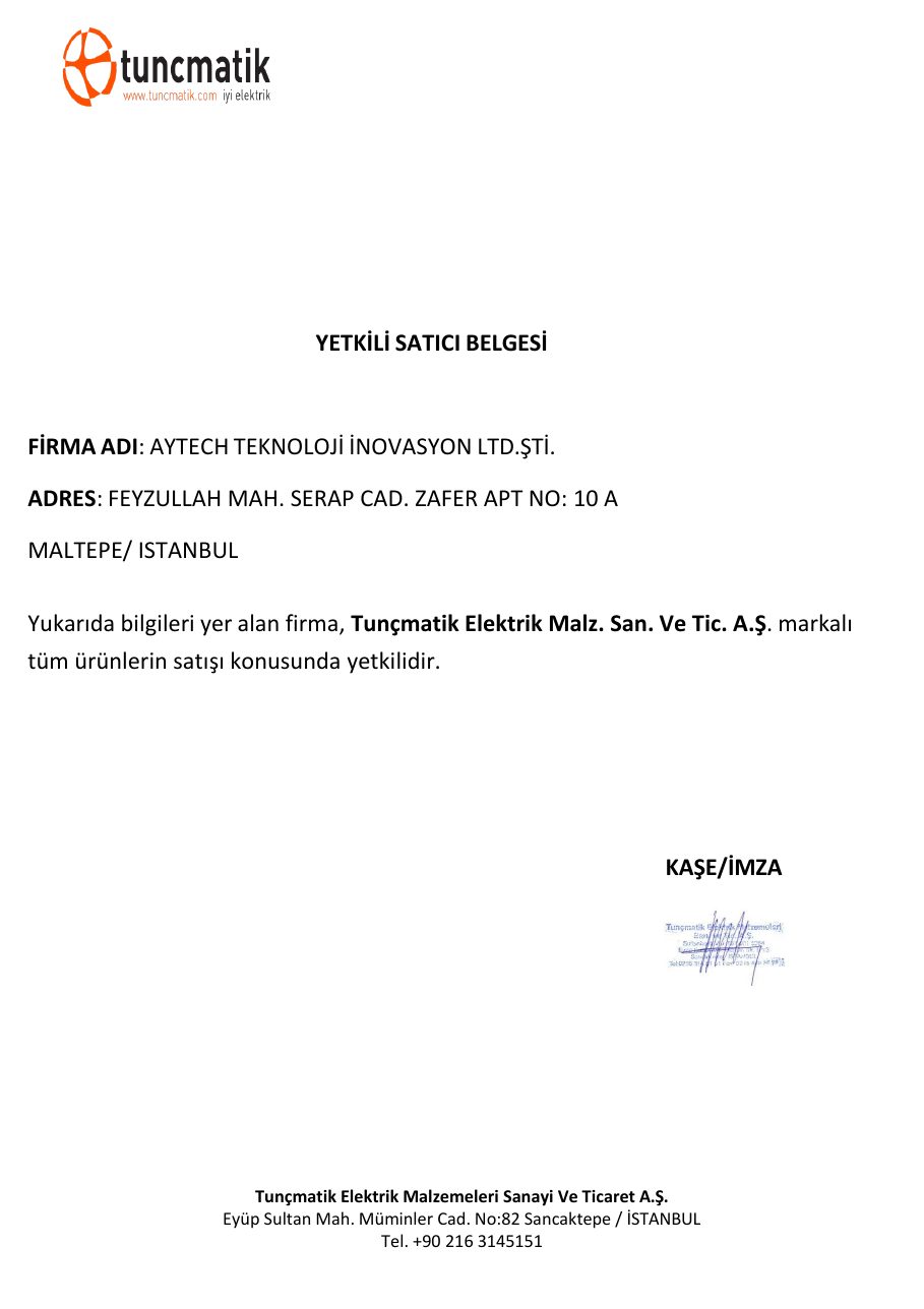 Tunçmatik — Yetkili Satıcı Belgesi — Aytech Teknoloji