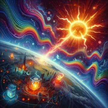 "Get Ready for the Future: The Impact of Solar Flares on Electronics and the Importance of Surge Protectors"For the visual prompt, imagine a scene depicting a solar flare and the resulting magnetic waves affecting electronic devices. This could include abstract visuals of rainbow-colored magnetic waves reaching Earth from a solar flare, symbolizing their potential impact on electronics. Additionally, incorporate symbols or icons representing surge protectors providing defense against these magnetic waves. The visual should convey an intriguing and informative theme related to technology.